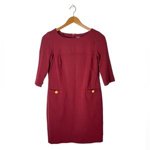 Vince Camuto Red Burgundy Shift Round Neck 3/4 Sleeve Dress